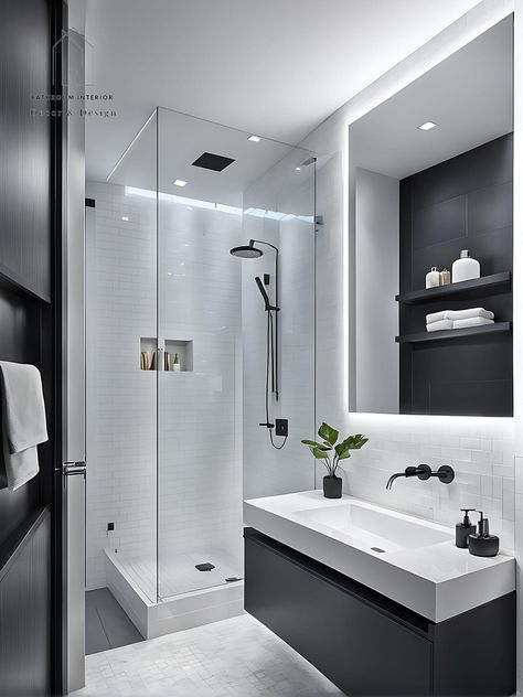 Black And White Washroom, Bathroom Black And White, En Suite Ideas, Bathroom Sink Faucets Waterfall, Bathroom Interior Design Modern, Full Bathroom Remodel, Bathroom Inspiration Modern, Interior Renovation, Black Bathroom