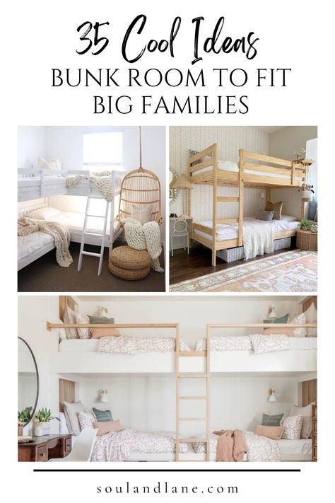 Embrace the chaos and charm of a big family with our space-saving bunk room ideas designed to keep everyone cozy and connected. These inspirations show you how to blend functionality with fun, creating a room where memories are made, and dreams are dreamt. Learn about the latest trends in bunk bed designs, from sleek and modern to rustic and cozy, ensuring your familys comfort and style. Whether it's for everyday use or holiday gatherings, these bunk room concepts will make bedtime an exciting Four Person Bunk Bed, 4 Person Bunk Bed, Guest Room With Bunk Beds, Wall Bunk Beds, Grey Bunk Beds, Room With Bunk Beds, Black Bunk Beds, Bunk Room Ideas, Cabin Bunk Beds