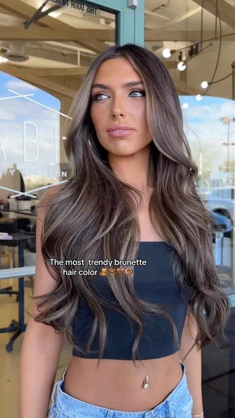 Chrissy Ellingson Rasmussen | The most trendy brunette hair color🐻🧸🍩🤎 @jordanbeckham wearing @habithairx brownie batter clipins! Get yours now at habithairx.com!… | Instagram Hottest Brunette Hair Color, Rich Brunette Hair Cool Tone, Cool Ashy Brunette Balayage, Healthy Brown Hair Color, Solid Bronde Haircolor, Ashy Brunette Highlights, Ashy Chocolate Brown Hair, Ashy Brown Hair Balayage Brunettes, Ashy Brunette Hair