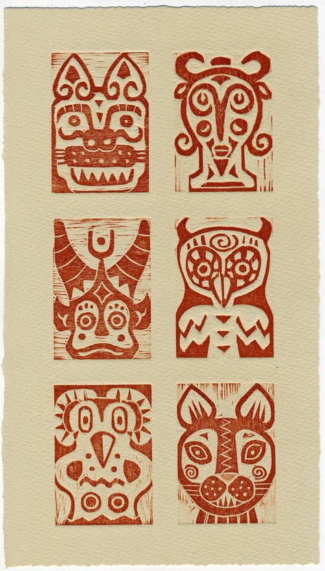 Little woodcuts of curious characters inspired by ancient artifacts, printed in red on buff Somerset paper, signed and numbered as 2/6 on the back. Inca Art, Numbers Art, Woodcut Printing, Quirky Characters, Relief Prints, Woodcut Prints, Cultural Patterns, Quirky Prints, Woodcut Art