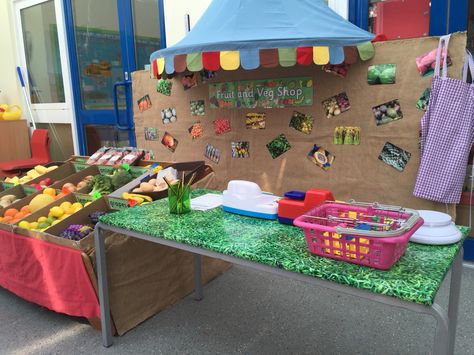 Fruit and veg shop Fruit And Veg Shop Role Play Eyfs, Shop Role Play Eyfs, Role Play Eyfs, Shop Role Play, Market Setup, Fruit And Veg Shop, Eyfs Ideas, Nursery Crafts, Role Play Areas