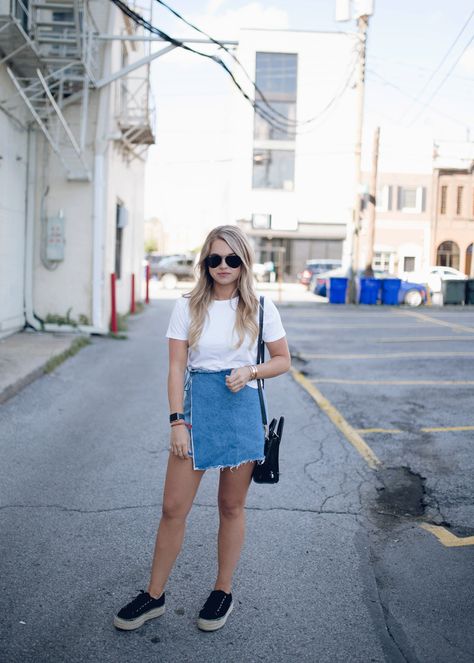 Denim Wrap Skirt Platform Espadrille Sneakers — Maddie Duff Wrap Jean Skirt, Summer Mini Denim Skirt With Belt Loops, Wrap Skirt Denim, Retro Mini Denim Skirt, Mid-rise Denim Mini Skirt With Belt Loops, Denim Wrap Skirt, Cropped White Tee, Espadrille Sneakers, 90s Girl