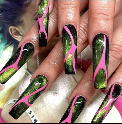 Long Summer Nails 2023, Rolling Loud Nails, Funky Colorful Nails, Color Block Nails Designs, Random Nail Designs, Dark Aesthetic Nails, Trippy Nail Designs, Brat Nails, Hippie Nail Art