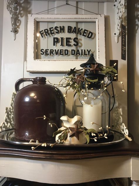 Crock Decorating Ideas, Kitchen Shelf Inspiration, Shelves Inspiration, Crock Decor, Primitive Pottery, Vintage Jello Molds, Vintage Crock, Brown Bottles, Vintage French Country