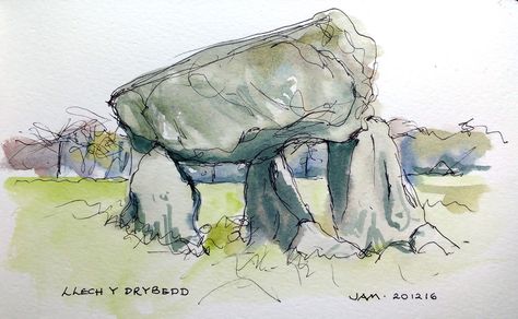 Llech Y Drybedd Drawing Rocks, Moleskine Sketchbook, Ink And Watercolour, West Wales, Standing Stone, Architectural Drawing, Watercolor Sketch, Urban Sketching, Architecture Sketch