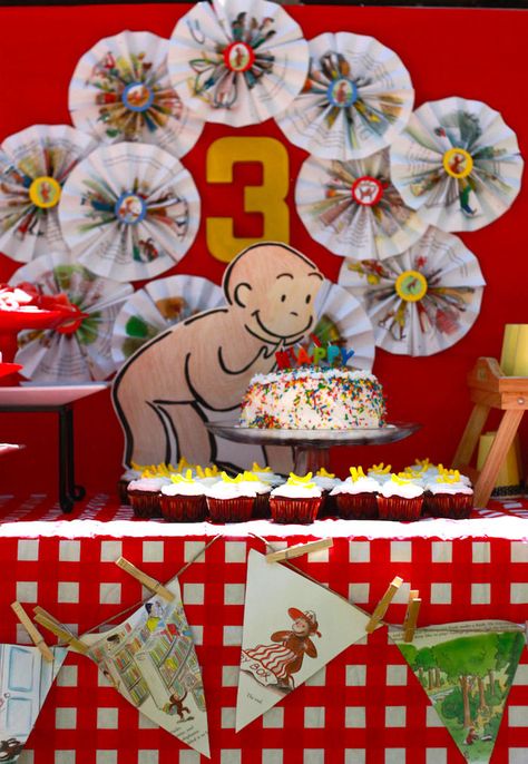 Curious George themed birthday party via Kara's Party Ideas KarasPartyIdeas.com Printables, cake, favors, invitation, supplies, desserts, recipes, and more! #curiousgeorge #curiousgeorgeparty (19) Curious George Party Ideas, Curious George Book, Man In The Yellow Hat, George Birthday Party, Curious George Birthday Party, Curious George Party, Cake Favors, Curious George Birthday, 3rd Birthday Party