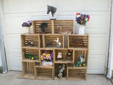 "Listing is for 1  -   18\" American walnut stained wooden crate This display is only one of the many designs you can do,  There are 13 crates in this display. Each crate measures approx.  18\" long, 12 1/2\" wide 9 1/2\" deep this is a very sturdy crate. Each crate is handmade, have rounded hand holes for cooks and convenience  Works as a display crate or for storage,   Use as a night stand etc. flat rate shipping is for lower 48 states only,  if you live outside this area please request shippi Plant Truck, Crate Crafts, Building Shelves, Crate Decor, Rustic Nursery Decor, Crate Bookshelf, Wooden Step Stool, Storage Crate, Candy Display