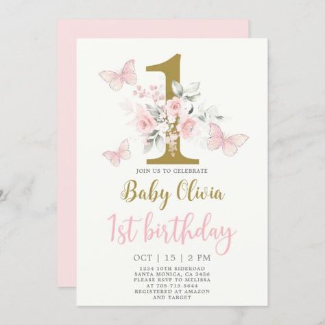 1st Birthday Party Butterfly Theme, Butterfly Birthday Invitations Template Free, Butterfly 1st Birthday Invitations, 1 St Birthday Invitation Card, 1st Bday Invitation Cards, First Birthday Girl Butterfly Theme, 1st Birthday Invitation Card Ideas, 1 Birthday Invitation Card, Pink Butterfly Invitation Template