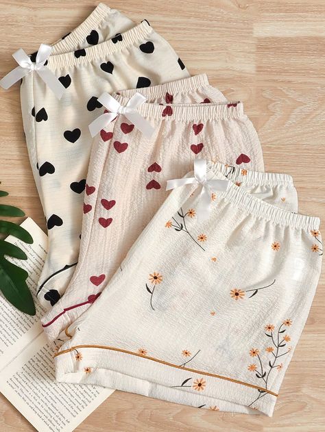 3pcs Floral & Heart Print Bow Front Sleep ShortsI discovered amazing products on SHEIN.com, come check them out! Cute Pajamas, Floral Heart, Sleep Shorts, Pajama Set Women, Pajama Shorts, Inspiration Mode, Sweater And Shorts, Sleepwear Women, Heart Print