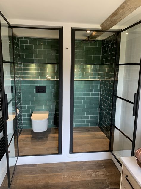 Toilet Shower Glass Partition, Green Tile Toilet, Green Black Bathroom Ideas, Green Glass Tiles Bathroom, Green Shower Room Ideas, Toilet Glass Door, Green Glass Tile Bathroom, Black Shower Door, Green And Black Bathroom Ideas