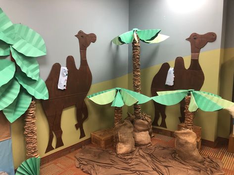 Desert Decoration Ideas Vbs, Outback Themed Vbs, Desert Vbs Decorations, Desert Animal Bulletin Board, Egypt Decorations, Jungle Theme Vacation Bible School, Egypt Vbs, Egyptian Crafts, Egypt Crafts