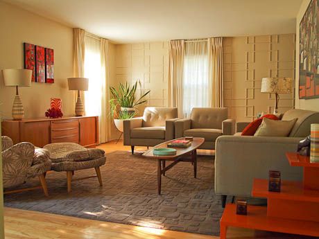 1959 living room with orange touches Mid Century House Interior, Mid Century Modern Window Treatments, Mcm Living Room, Sala Vintage, Mcm Living, Theme Bedrooms, Modern Wall Paneling, Modern Window Treatments, Retro Living Rooms