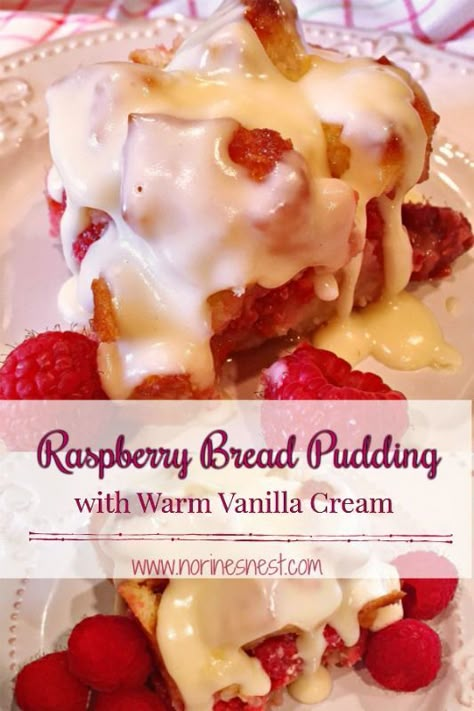 Vanilla Bread Pudding, Vanilla Cream Sauce, Raspberry Bread Pudding, Vanilla Bread, Best Bread Pudding Recipe, Raspberry Bread, Bread Puddings, Berry Recipes, Biscuit Sandwich