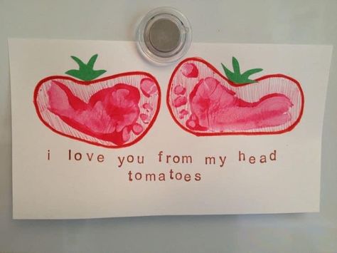 Tomato Handprint Craft, I Love You From My Head Tomatoes Footprint, 6 Month Footprint Art, Grandparents Footprint Crafts, Home And Family Crafts For Toddlers, Red Crafts For Infants, Gnome Footprint Art, Red Footprint Art, Food Art For Infants