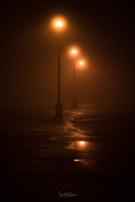 Still and Foggy Night by Ian McGregor Sleepless Aesthetic, Sleepless Nights Aesthetic, Scary Lighting, Escapism Aesthetic, Ian Mcgregor, Orange Night, Foggy Night, Night Mood, Lights At Night