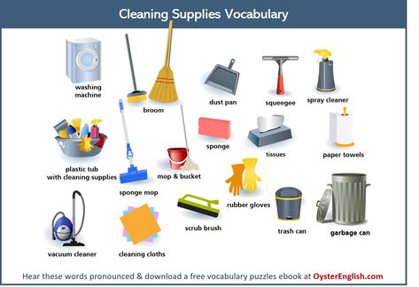 Learn common cleaning supplies in English. Listen to the words pronounced and get your free vocabulary puzzles ebook on 20+ English topics at OysterEnglish.com Cleaning Vocabulary English, Cleaning Equipment Tools, Marriage Biodata Format, Remedial Reading, Writing Comprehension, Bio Data For Marriage, English Knowledge, Hotel Cleaning, Bathroom Cleaning Supplies