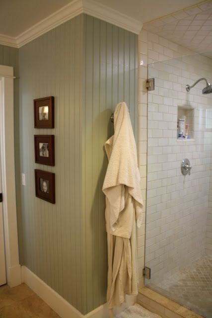 Beadboard in bathroom with contrasting trim color. I should do this to cover up the old wallpaper lines I can't seem to make disappear. Floor To Ceiling Beadboard, Bead Board Walls, Bathroom Color Schemes, Bead Board, Ideas Hogar, Bathroom Color, Bath Room, Laundry In Bathroom, Bathroom Colors