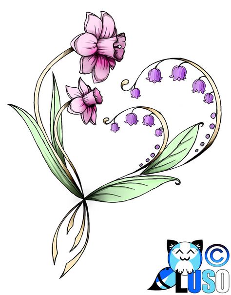 Lily of the valley with daffodils. Heart tattoo Valley Tattoo, Shoulder Cap Tattoo, Daffodil Tattoo, Lily Of The Valley Flowers, Birth Flower Tattoos, Lily Tattoo, Tattoos Skull, 1 Tattoo, Trendy Flowers