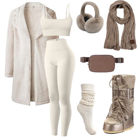 Includes a cream colored leggings/sports crop set (from Amazon and comes with two other sports crops not pictured). Also includes a cream colored teddy trench coat and cream colored boot socks. Taupe colored metallic moon boots are the focus for accessories. Pictured are taupe colored fuzzy ear muffs, cable knit scarf and bum bag to coordinate with the boots. Ski Lodge Party Outfit, Apres Ski Outfit Party, Lodge Outfit, Ski Lodge Outfit, Ski Lodge Party, Apres Ski Outfit, Running Winter, Outfit Ugg, Cozy Winter Outfit