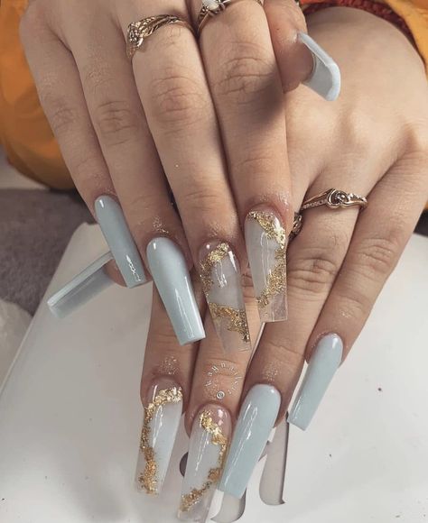 Fingernails Designs, Unghie Sfumate, Blue Acrylic Nails, Glamour Nails, Gold Nail, Daily Nail, Simple Acrylic Nails, Long Acrylic Nails Coffin, Long Square Acrylic Nails