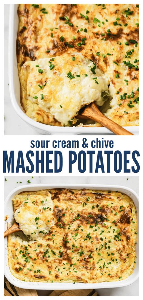 These garlicky sour cream and chive mashed potatoes are a staple side for the holiday season. You can thank the butter and tangy cream cheese for their velvety richness. Feel free to make them chunky for texture! I guarantee you'll never make another mashed potato recipe again! #mashedpotatoes #potatorecipe #sidedishes #holidaysides #christmasrecipes #thanksgivingrecipe #homemade Mashed Potatoes Recipe Sour Cream, Chive Mashed Potatoes Recipe, Chive Potatoes, Chive Mashed Potatoes, Sour Cream Mashed Potatoes, Mashed Potatoes Recipe Easy, Cream Cheese Mashed Potatoes, Mashed Potato Recipe, Cream Cheese Potatoes