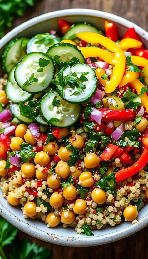 Quinoa and Chickpea Salad  Ingredients:    - 1 cup quinoa   - 2 cups water   - 1 can chickpeas, drained and rinsed   - 1/2 cucumber, diced   - 1 bell pepper, diced   - 1/4 cup red onion, finely chopped   - 1/4 cup fresh parsley, chopped   - 1/4 cup fresh lemon juice   - 2 tbsp olive oil   - Salt and pepper to taste    Instructions: 1. Rinse quinoa under cold water. In a pot, combine quinoa and water. Bring to a boil, reduce heat, cover and simmer for 15 min. Let cool. 2. In a large bowl, combine cooled quinoa, chickpeas, cucumber, bell pepper, red onion, and parsley. 3. In a small bowl, whisk lemon juice, olive oil, salt and pepper. 4. Pour dressing over salad and toss to combine. Serve chilled.    Benefits: Rich in protein, fiber, and antioxidants; supports digestion and heart health. Quinoa Kale Bowl, Quinoa Bowl Recipes Vegetarian, Healthy Easy Recipe, Chickpea Bowl, Quinoa Kale, Clean Eating Vegetarian, Quinoa Bowls, Salad Recipes Healthy Easy, Cooking Lover