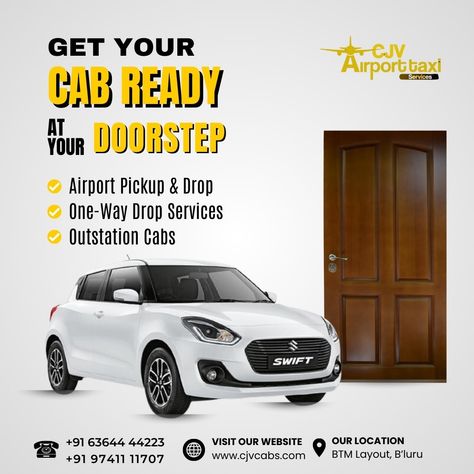 Get Your Cab Ready at Your Doorstep – Anytime, Anywhere! We bring convenience to your doorstep with a range of reliable taxi services. Whether you need airport pickup & drop, one-way drop services, outstation cabs, event transportation, or local taxis, we've got you covered. Experience hassle-free rides with professional drivers, clean vehicles, and 24/7 availability. Wherever you need to go, we’ll get you there safely and comfortably. Book your ride today and enjoy smooth, on-time service w... Airport Pickup, Taxi Service, Transportation, Pick Up, Layout, Bring It On, Range, Vehicles, Quick Saves