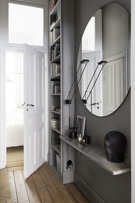 16 Inspirational Hallways to swoon over with me - UncookieCutter.com Små Rum Lidt Plads, Hallway Shelf, Grey Hallway, Hallway Mirror, Gravity Home, Hallway Inspiration, Entryway Mirror, Hal Decor, Old Apartments