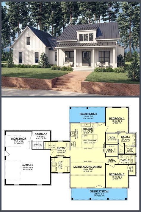 Farmhouse Floor Plan, Farmhouse Details, Modern Farmhouse Floorplan, Modern Farmhouse Living, Garage Floor Plans, Story Design, Modern Farmhouse Design, Contemporary Farmhouse, Cozy Farmhouse