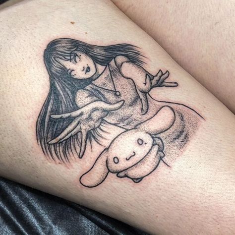 tomie x cinnamoroll for clem <3 inspired by the ito x sanrio collab, but we wanted to combine these two characters instead! used a different ito illustration and i'm obsessed with the outcome!! thank u again friend (': . . . #tattoo #tattooapprentice #tattooartist #tattoostudent #pdxtattoo #portlandtattoo #queertattooartist #queertattooers #portlandtattooartist #oregontattoo #pnwtattoo #animetattoo #animetattooer #manga #mangapanel #mangatattoo #mangapaneltattoo #animetattooartist #sanriotatt... Junji Ito Tattoo Ideas, Tomie Tattoo, Cinnamoroll Tattoo, Junji Ito Tattoo, Oregon Tattoo, Pnw Tattoo, Portland Tattoo, Astrology Tattoo, Manga Tattoo