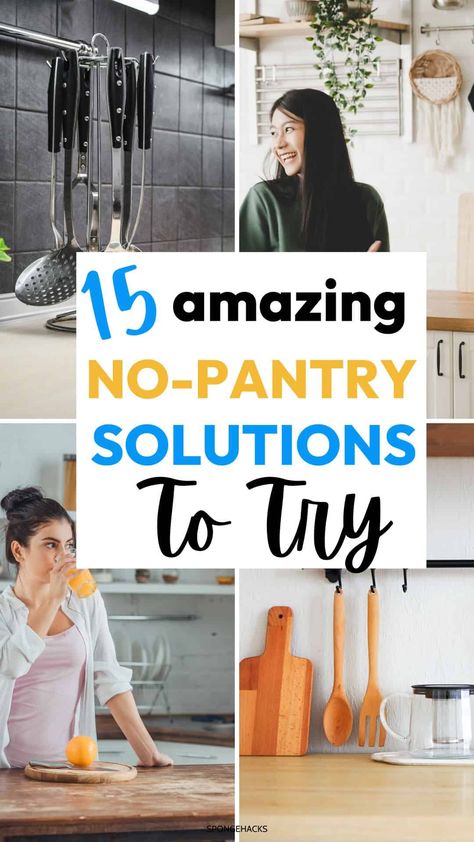 15 No Pantry Solutions You Need to Try - Sponge Hacks No Pantry Solutions Kitchens, Sponge Hacks, Small Home Additions, Home Cinema Room Ideas, Small Home Bar Ideas, Pantry Solutions, Small Home Office Layout, No Pantry, Small Bars For Home