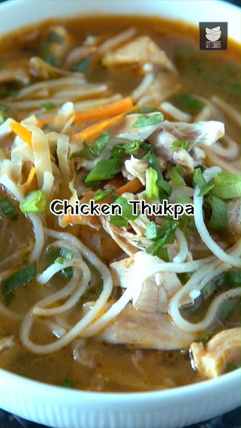 Thukpa is Tibetan noddle soup recipe. Thukpa is very common in pahadi or himalayan areas such as Tibet, Nepal, Bhutan, Assam, Sikkim. Chicken Thukpa is basically noddle soup served with chicken and healthy veggies. This winter season, make this hot soupy noodle and conquer your hunger craving. Ingredients: (Serves 4) For Stock : - 400 gm Chicken - 10 cup Water - 1 Onion (Sliced) - 7-8 Garlic Cloves For Paste : - 1 Tomato - 1 Onion (diced) - 2 tbsp Coriander leaves (chopped) - 3-4 Garlic clo Healthy Veggies, Coriander Leaves, Bhutan, Curry Chicken, Soup Recipe, Himalayan, Tibet, Winter Season, Soup Recipes