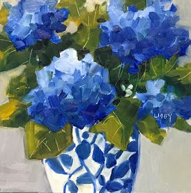 Hydrangea Painting Acrylic, Blue Hydrangea Painting, Hydrangea Painting, Hydrangea Colors, Jar Art, Abstract Flower Art, Daily Painting, Flower Art Painting, Blue Hydrangea