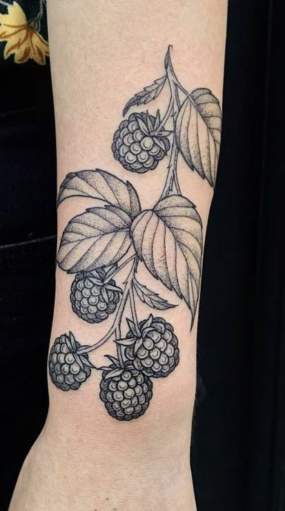 Blackberry Tattoo, Pet Portrait Tattoos, Thigh Piece Tattoos, Strawberry Tattoo, Fruit Tattoo, Portrait Tattoos, Clever Tattoos, Different Artists, Fire Tattoo