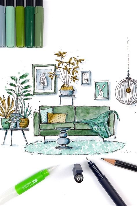 Home Interior Design Drawing, How To Draw Interior Design Sketches, Interior Drawing Sketches, Interior Illustration Sketches, Home Design Sketch, Interior Design Sketching, Interior Design Watercolor, Promarker Art, Watercolor Interior