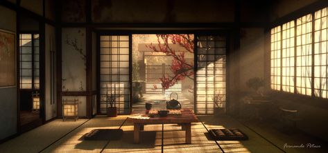 ArtStation - Dojo, Fernando Petuco Traditional Japanese House Anime, Japanese Dojo, Interior Concept Art, Japan Interior, Japanese Background, Anime House, Japanese Style House, Anime Places, Traditional Japanese House