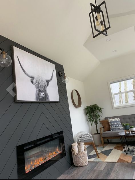 Fireplaces With Shiplap, Chevron Shiplap Fireplace, Fireplace With Vaulted Ceiling, Fireplace Basement, Shiplap Fireplace Ideas, Black Fireplace Wall, Herringbone Fireplace, Grey Farmhouse, Farmhouse Fireplace Decor