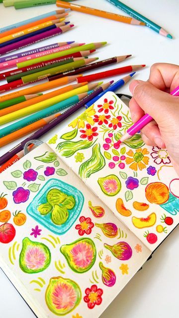 rachel yumi 유미 chung on Instagram: "the farmers market is always a great place for finding inspiration 😌 especially from the colors of the fresh flowers, fruits and veggies~🌻🍑🫑 #sketchbook #prismacolor #drawing" Rachel Yumi Chung, Colored Pencil Flowers, Colored Pencil Doodles, Colored Pencil Drawing Ideas, Prismacolor Flowers, Colored Pencil Sketches, Colored Pencils Drawing, Prismacolor Drawing, Fruit Drawing