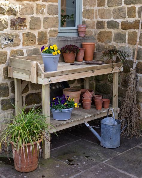 Cinder Block Potting Bench, Potting Bench Ideas, Bench Ideas, Potting Bench, Cinder Block, Potting Shed, Easy Garden, A Year Ago, Pallet Table