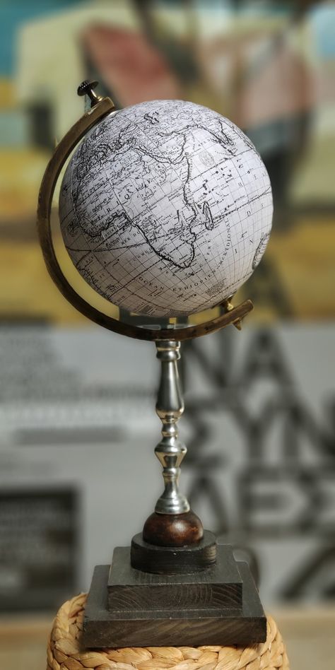 Handmade -  Item Dimensions Height: 37 Centimeters; Width: 18 Centimeters; Globe diameter: 15 Centimeters, Handmade Vintage Terrestrial Globe, Vintage Desktop Globe, Globe Library Rustic Office. This item is a perfect wedding gift. It is a beautifully crafted vintage world globe. The sphere is handmade, gloss finish. Bottom is felt lined for surface protection. This revolving globe shows very attractive design that would look great as décor for a vintage cabin style look or in the library. Library Rustic, Vintage Office Decor, Old Globe, Globe Vintage, Rustic Office, Vintage Cabin, World Globes, Globe Decor, Map Wall Decor