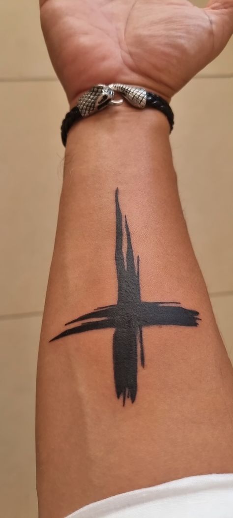 Cross With Barbed Wire Tattoo, Heaven Tattoos For Men Forearm, Cross For Men Tattoo, Good Small Tattoos For Men, Mens God Tattoos, Nice Tattoo For Men Arm, Cross Leg Tattoo Men, God Related Tattoos Men, Christian Armband Tattoo