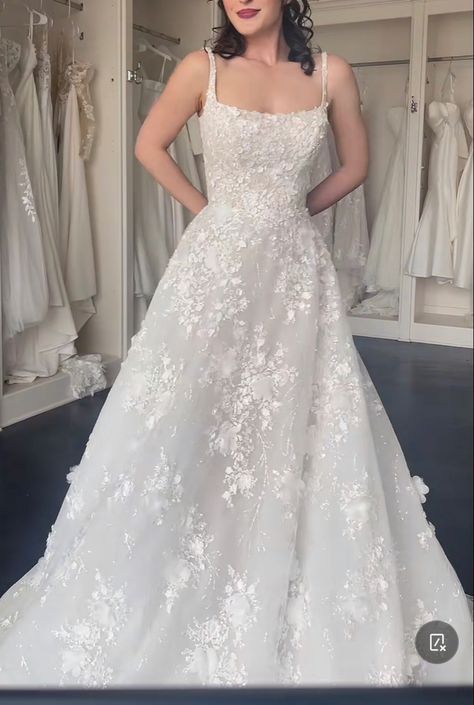 Floral Lace Applique Wedding Dress, Pretty Floral Wedding Dresses, A Line Full Skirt Wedding Dress, Wedding Dresses With Straps A Line, Tank Top Wedding Dresses, Wedding Dresses With Scoop Neckline, Wedding Dresses Lacy, White Aline Wedding Dress, Floral Organza Wedding Dress