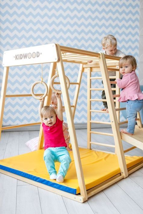 Montessori furniture, Wooden Gym, Kids Decor, Set of three items. #kids #climbing #arch Diy Playground, Montessori Furniture, Montessori Baby, Toddler Rooms, Toddler Furniture, Montessori Toddler, Toy Rooms, Swing Set, Kids Playground