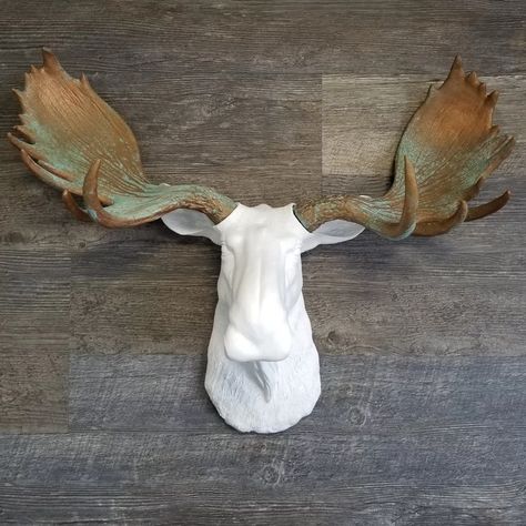 Moose Head Decor, White Moose, Moose Head, Copper Paint, Glider Rocker, Deer Wall, Unicorn Head, Green Patina, Painted Rug