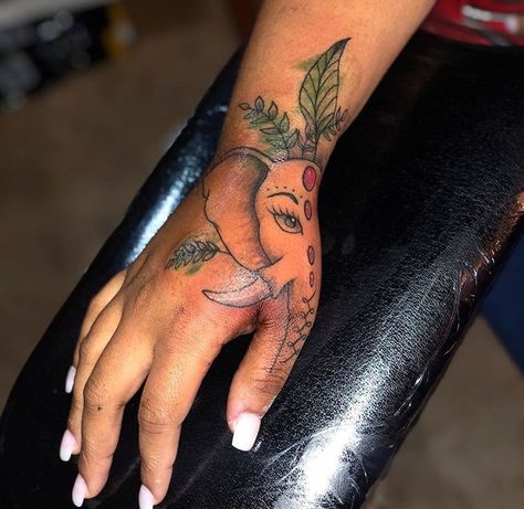 Elephant Tattoos Finger, Elephant On Hand Tattoo, Baddie Elephant Tattoos, Elephant Tattoos Hand, Finger Tattoo Black Women, Elephant Tattoo Hand, Elephant Hand Tattoos For Women, Elephant Tattoos Forearm, Elephant Foot Tattoo