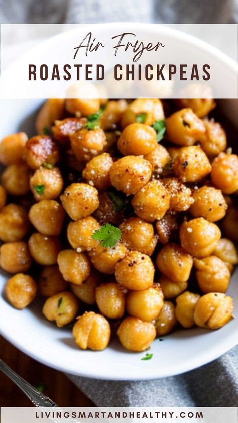 Baked Chickpeas Healthy, Air Fryer Chickpeas Recipes Spicy, Roasted Chickpeas Air Fryer Recipe, Fried Chickpeas Air Fryer, Clean Air Fryer Meals, Garbanzo Bean Air Fryer, Roast Chickpeas Air Fryer, Baked Chick Peas Air Fryer, Chick Pea Snacks Healthy Air Fryer