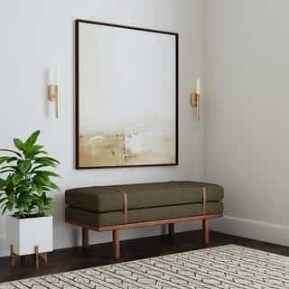 Bed Bath & Beyond | The Best Deals Online: Furniture, Bedding, Rugs, Kitchen Essentials & More Bedroom Sofa Bench, Bench Behind Sofa Living Room, Entrance Bench Furniture, Entryway Seating Modern, Leaning Mirror With Bench, No Foyer Entry Living Rooms Mid Century, Upholstered Bench With Back West Elm, Ottoman Bench Hallway, Throw Pillows For Entryway Bench