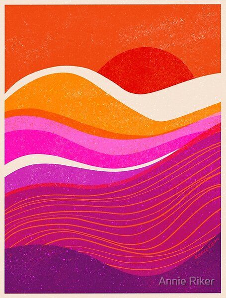 Mountain Sunset design by artist Annie Riker - Colorful warm modern mountains in pink, orange, red, and purple. Created in a linocut block printmaking style, and available for wall art prints, phone cases, clocks, mugs, pillows, stickers, and more! #blockprint #woodblock #sunset #mountainart #wallart #artlicensing #homedecor #annieriker #modernart Pink Orange And Purple Aesthetic, Orange Pink Purple Color Palette, Bright Pink And Orange Aesthetic, Purple And Orange Graphic Design, Pink Orange Red Aesthetic, Hot Pink Orange Aesthetic, Pink And Orange Design, Lesbian Color Palette, Pink Purple Orange Color Palette