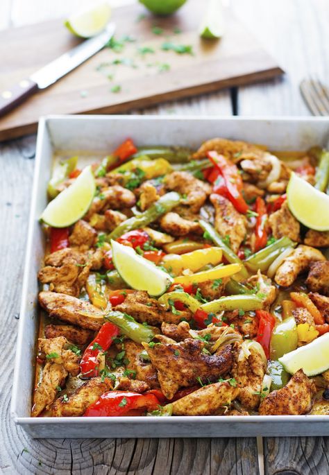 Sheet Pan Spicy Chicken Fajitas Fajita Chicken, Poblano Pepper, Yellow Bell Pepper, Chicken Recipes Boneless, Pan Chicken Fajitas, Pan Chicken, Good Healthy Snacks, Sheet Pan Dinners, Chicken Fajitas