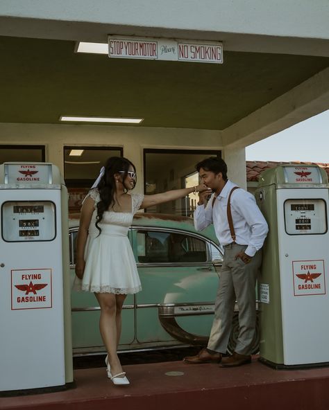 When I say I was excited when I found this vintage gas station, I meaaaan it. This was such a fun engagement shoot. I just love how diverse the Bay Area is. It has it all. Gas Station Photoshoot Couple, Gas Station Photoshoot, Vintage Gas Station, Car Photoshoot, Photoshoot Couple, Photos Tumblr, The Bay Area, Petrified Wood, Gas Station